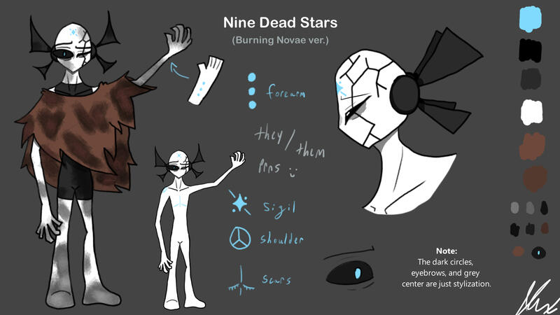 A reference for an original character, Nine Dead Stars. This is their alternate form, made for the Burning Novae video installation (which is now scrapped).