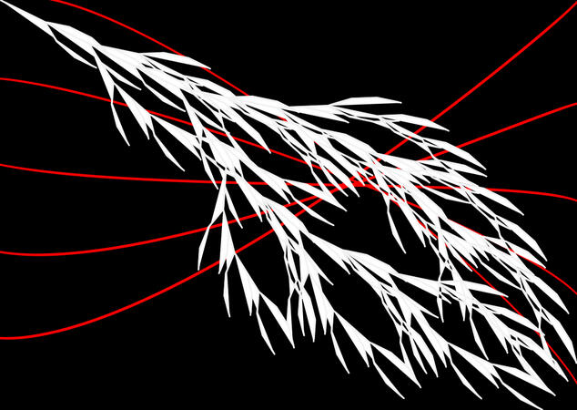 A graphic depicting a white L-tree with red strings.